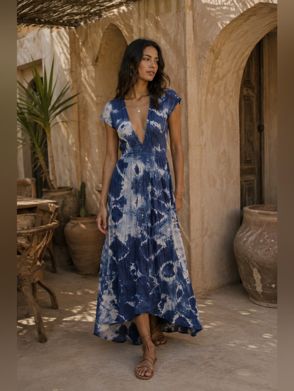 JENS PIRATE BOOTY Paloma Women Tie Dye Maxi Dress MEDIUM Blue Cotton Boho Beach